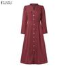 ZANZEA Women Casual V-Neck Solid Color Long Sleeve Elegant Dress