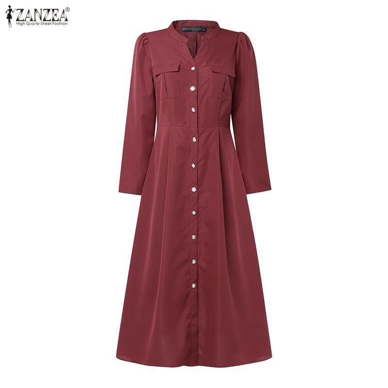 ZANZEA Women Casual V-Neck Solid Color Long Sleeve Elegant Dress