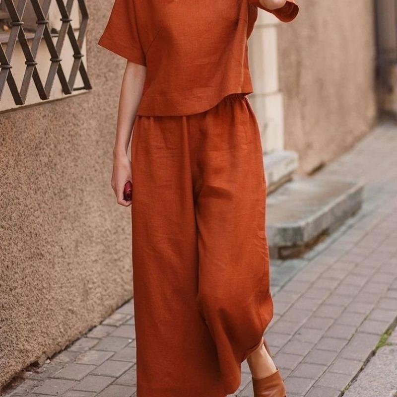 Summer Solid Color Wide-leg Trousers Suit Casual Temperament Two-piece Set for Women
