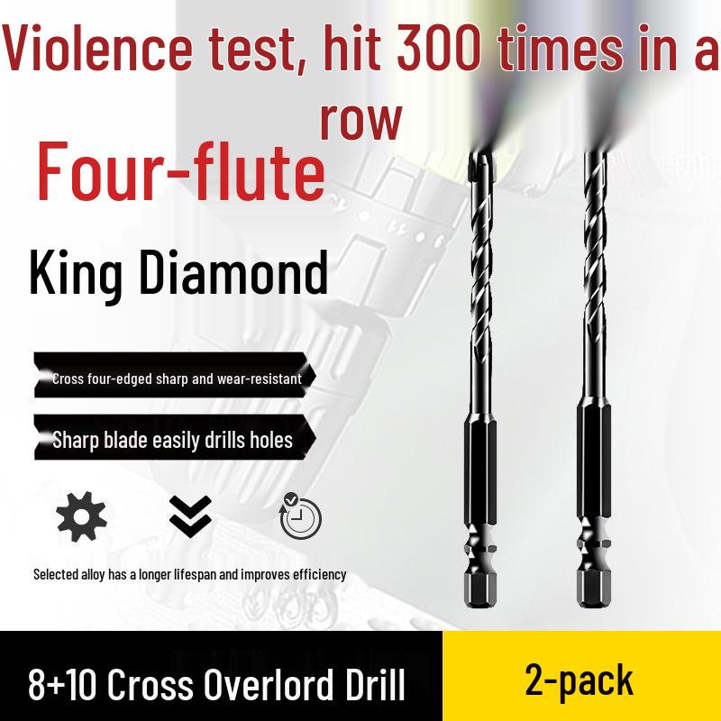 Impact Hex Shank Four-Blade Cross King Drill Bit for Concrete, Tile, and Glass