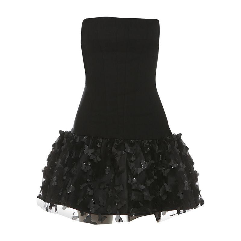 

# Sisjuly# Elegant Butterfly Shadow Retro Dark Chill Silm Sexy Black Tube Top Dress Female Slim Looking Black S