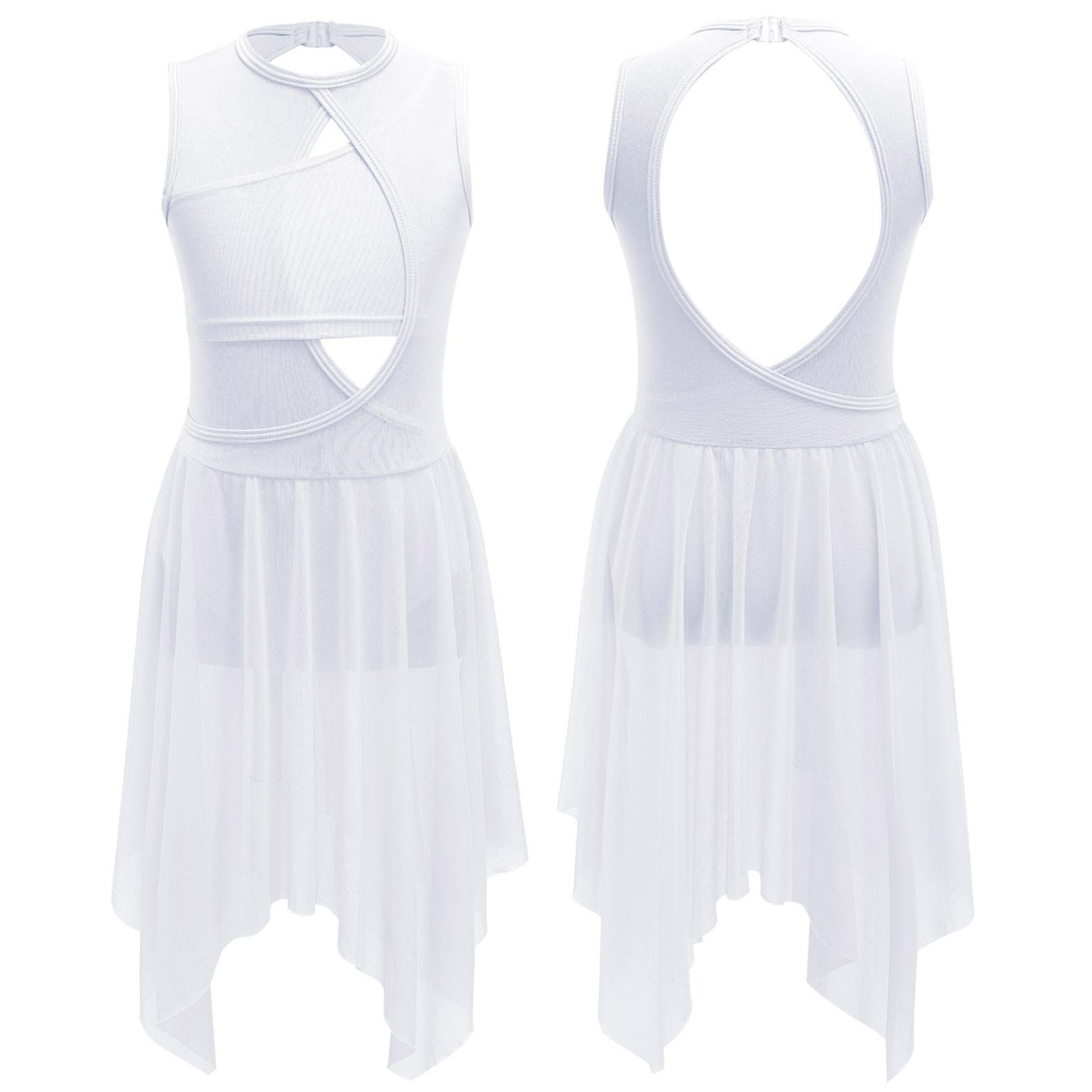 

Танцювальна сукня з ліричними латинськими танцями без рукавів для дівчаток із порожнистою спандексовою сіткою в стилі печворк без спинки 5-6 Years білий