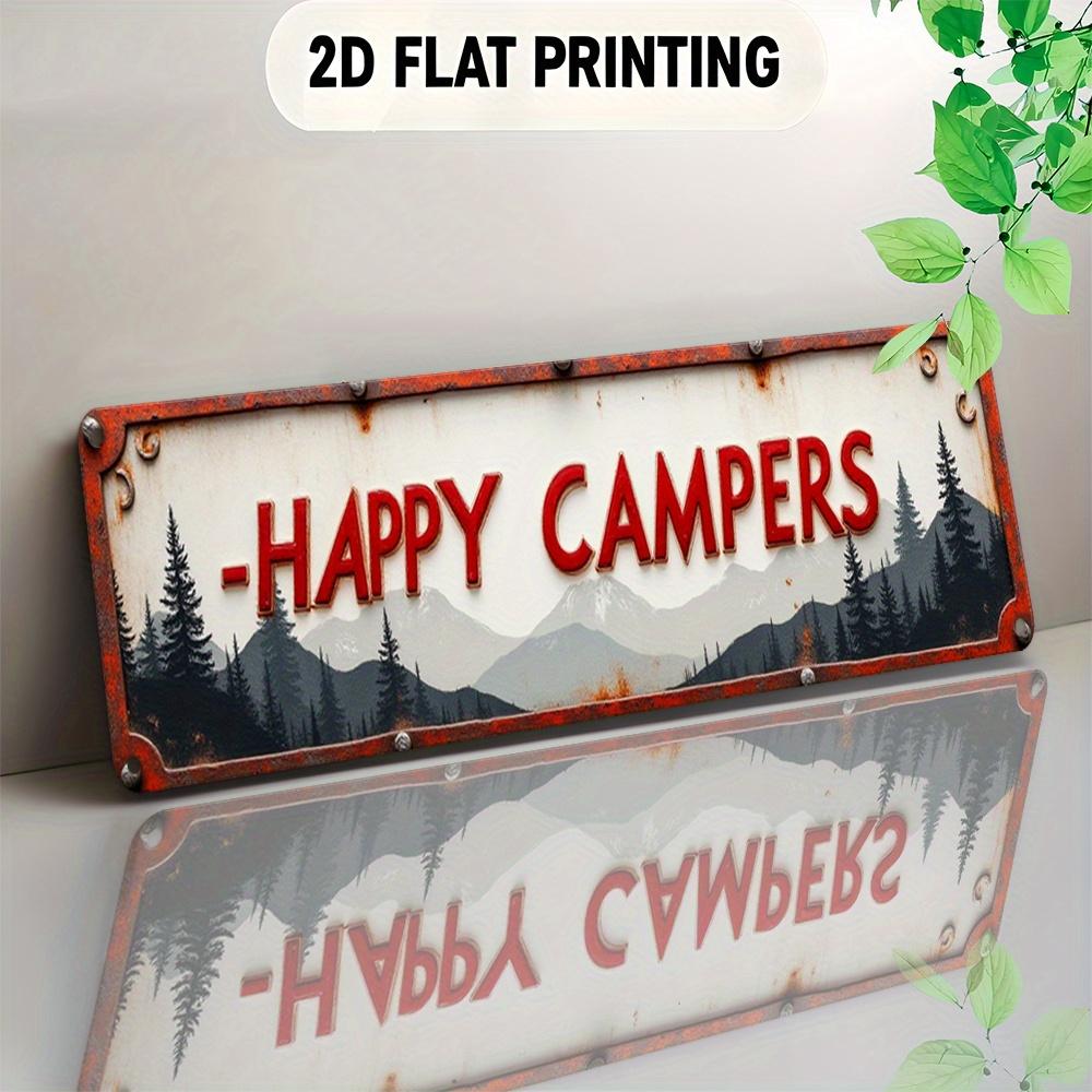 2D Flat, Vintage Signboard - Rustic Mountain & Tree Frame with "Happy Campers" Red Text - 10.01x40.01 cm European Style Wall Art for Home, Office, Bar