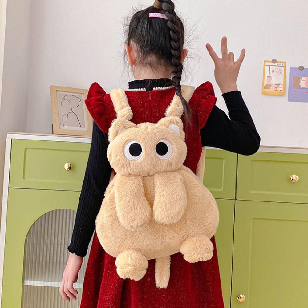Large Capacity Cartoon Backpack Big Eyes Cat Funny Plush Toy Bag Plush Cat Shoulder Bag  Girl