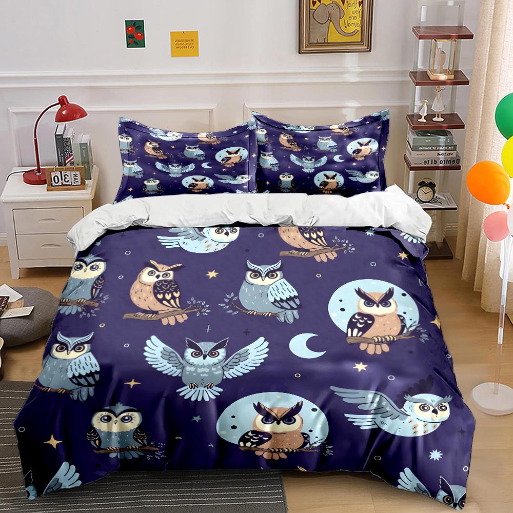 Colorful owl night pattern Print Bedding Set 1 Duvet Cover 2 Pillowcases for Adult and Children Luxury Gift Full Size