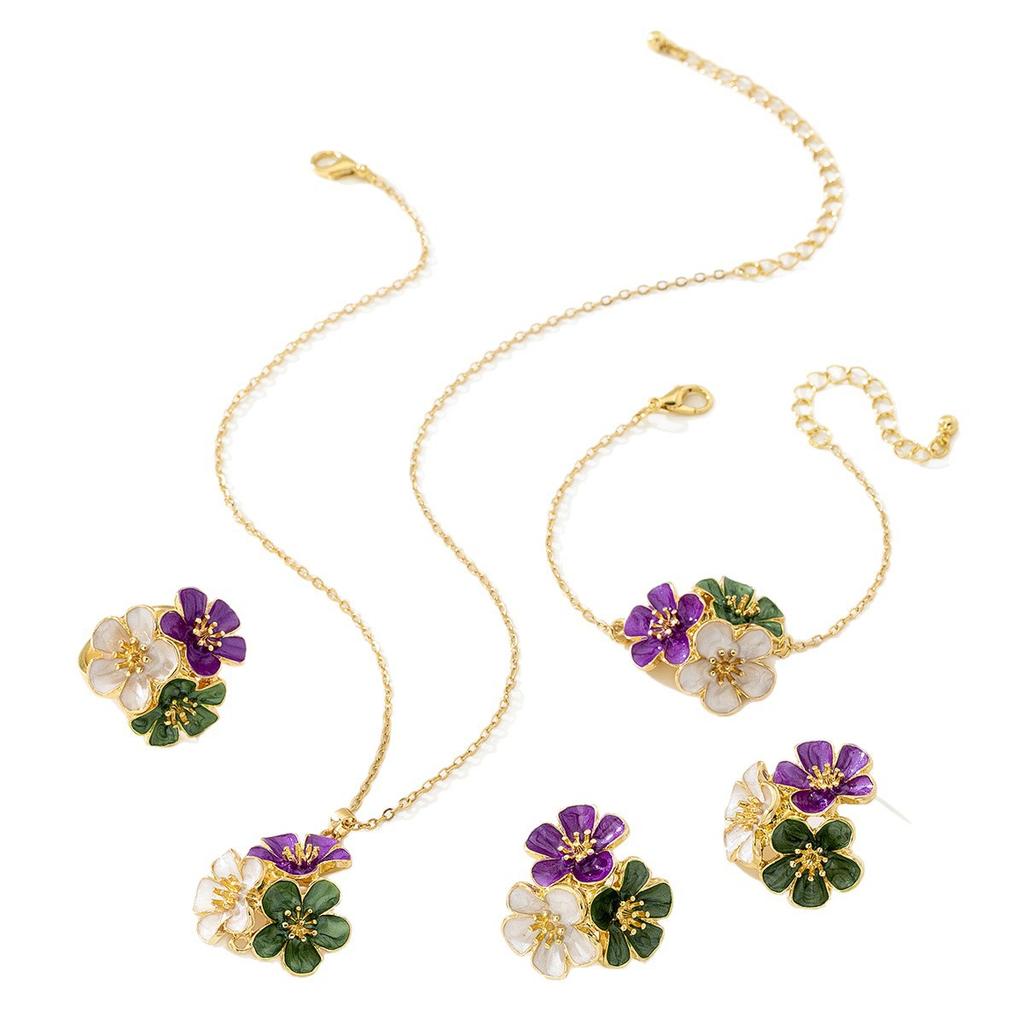 Vintage French Elegant Holiday Style Colored Dripping Flower Necklace Bracelet Temperament Jewelry Set Women