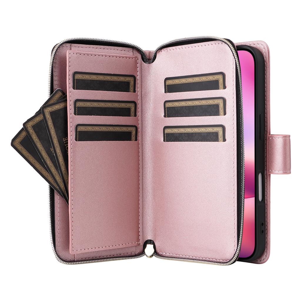 For iPhone 17 Case 9 Card Slots Zipper Pocket PU Leather Cover with Wrist Strap