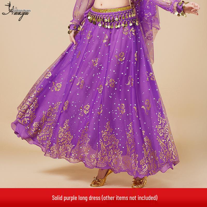 Fantasia de Apresentação de Dança do Ventre Indiana Huayu - Conjunto de Vestido de Manga Comprida de Chiffon para Mulheres