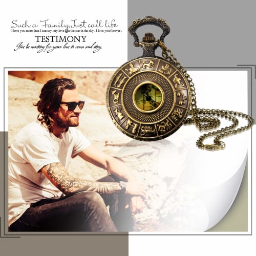 Lancardo Antique Pocket Watch, Battery-Operated, Skeleton, Quartz Movement, Men's & Women's, 12 Zodiac Signs, Roman Numerals, Map, Bronze Necklace