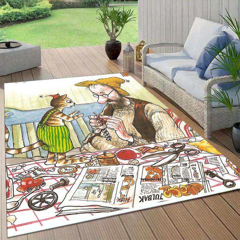 Pettson and Findus Flannel Pattern Square Carpet,Area Rug,Carpet Rug for Living Room Bedroom Sofa Playroom Decor,Non-slip Floor Mat