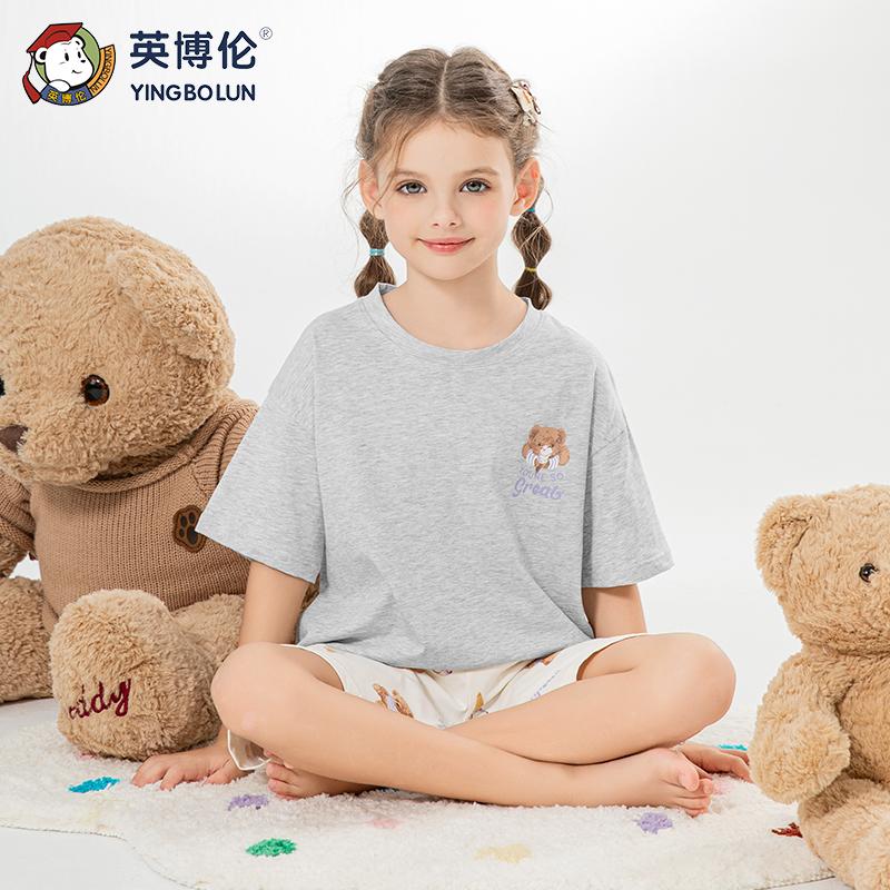 180g Pure Cotton English Bolun Girls' Short-Sleeved Shorts Summer Thin Two-Piece Set