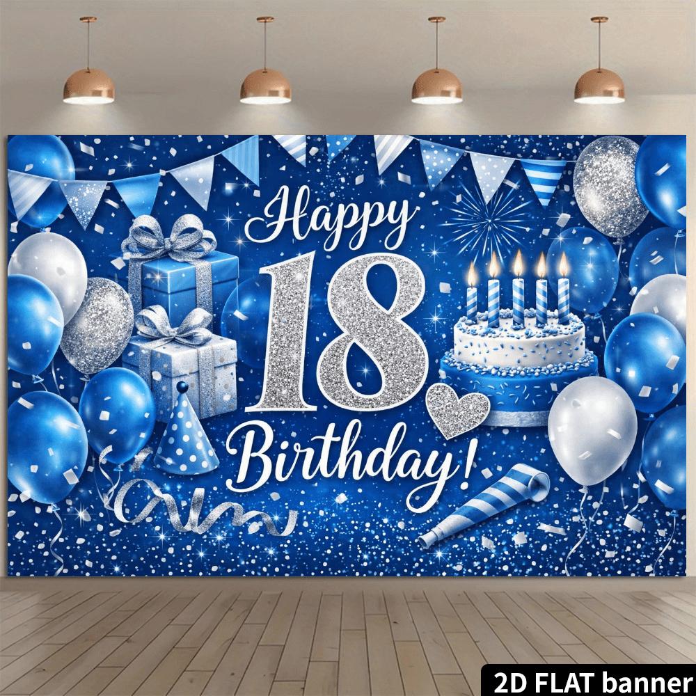 2D plane 18th birthday party backdrop fabric - blue  silver cake candles gift box hat decoration - durable polyester materialzyc