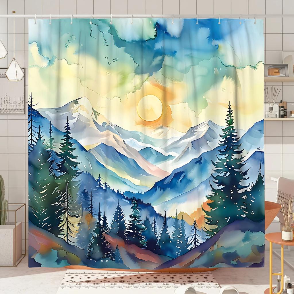 Elegant Watercolor Mountains and Sun Waterproof Shower Curtain – Perfect for Adding a Serene and Nature-Inspired Touch