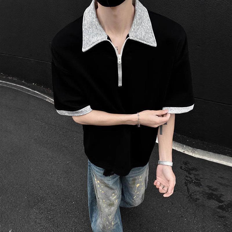 Men Half Zip Color Block Oversized Short Sleeve Polo Shirt Casual Loose Breathable Streetwear Summer Top