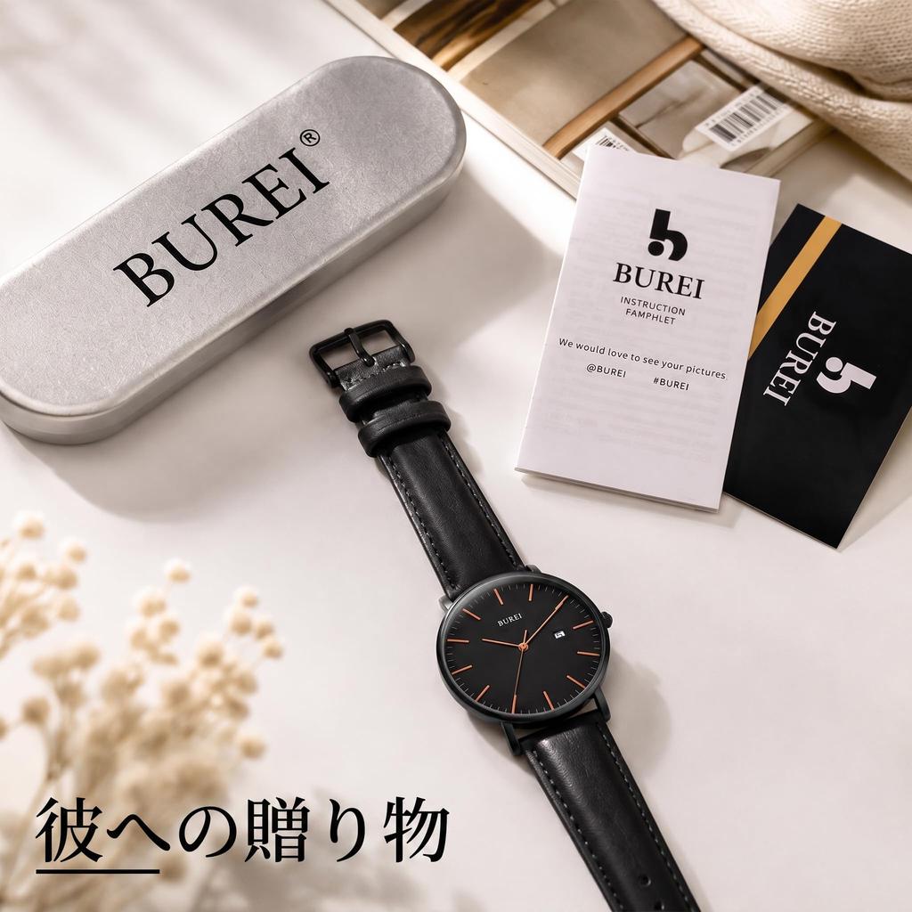 BUREI Watch with Date Japanese Quartz Black Leather Simple and Suitable for Business and Casual Men's Display, Movement, Waterproof, Lightweight,