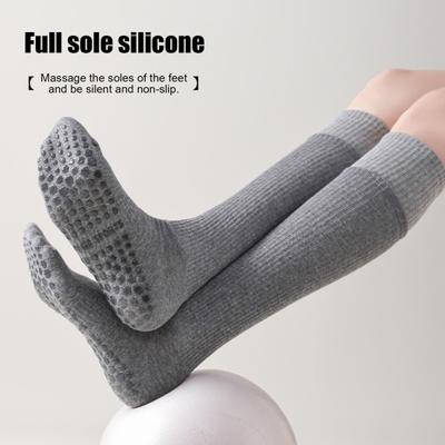 Women Non-Slip Yoga Socks Pilates Socks with Grips Knee High Socks Workout Color-Blocked Over The Calf Socks for Ballet Dance Street Wear