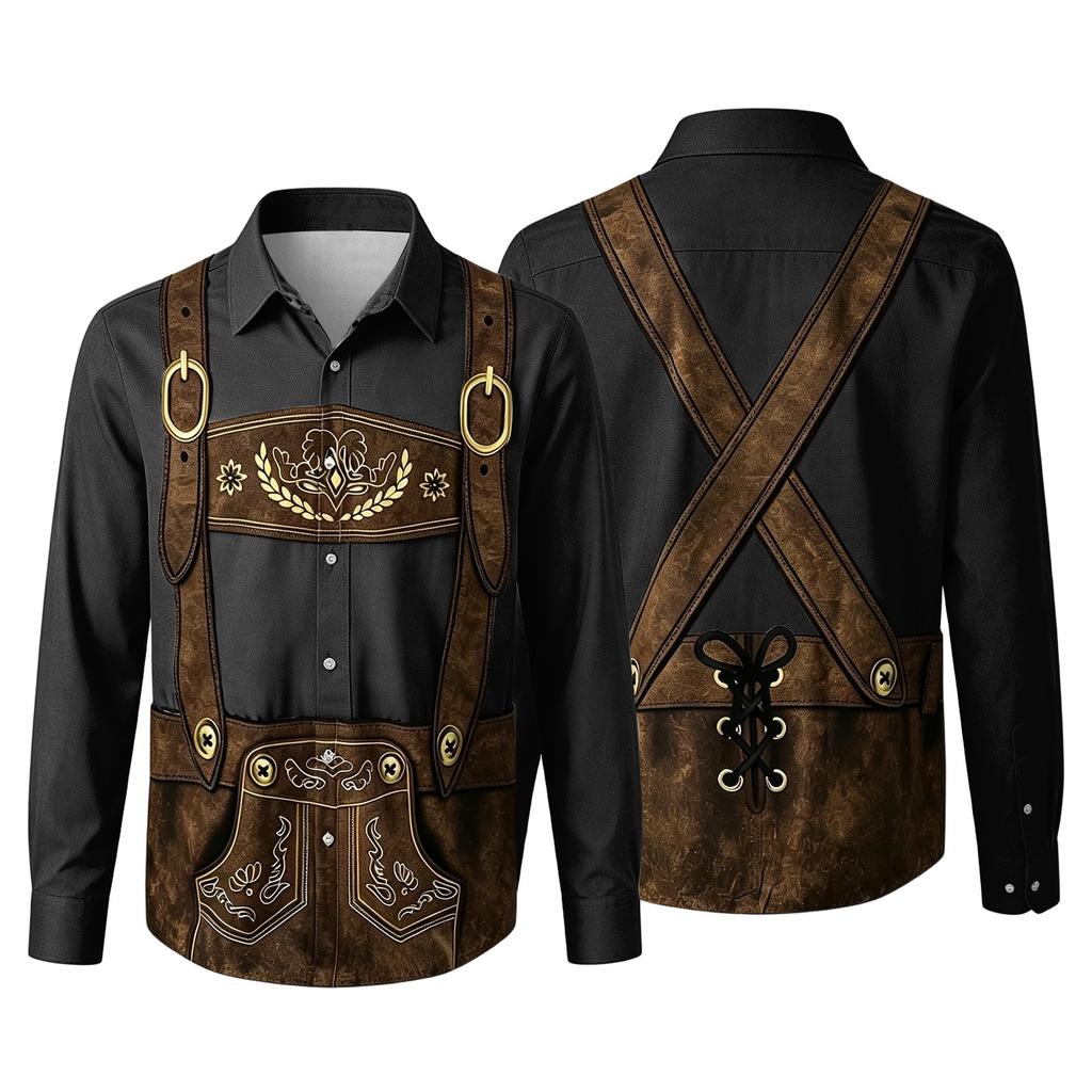 Camicia da uomo per l'Oktoberfest con stampa 3D, vestibilità larga, manica lunga, colletto, casual, stile vintage, traspirante, per lavoro, festival all'aperto, festa