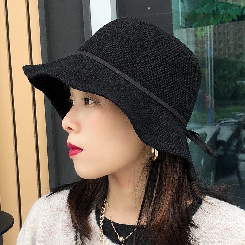 Bow wavy edge knitted bucket hat female tide brand casual versatile adjustable basin hat shows small face