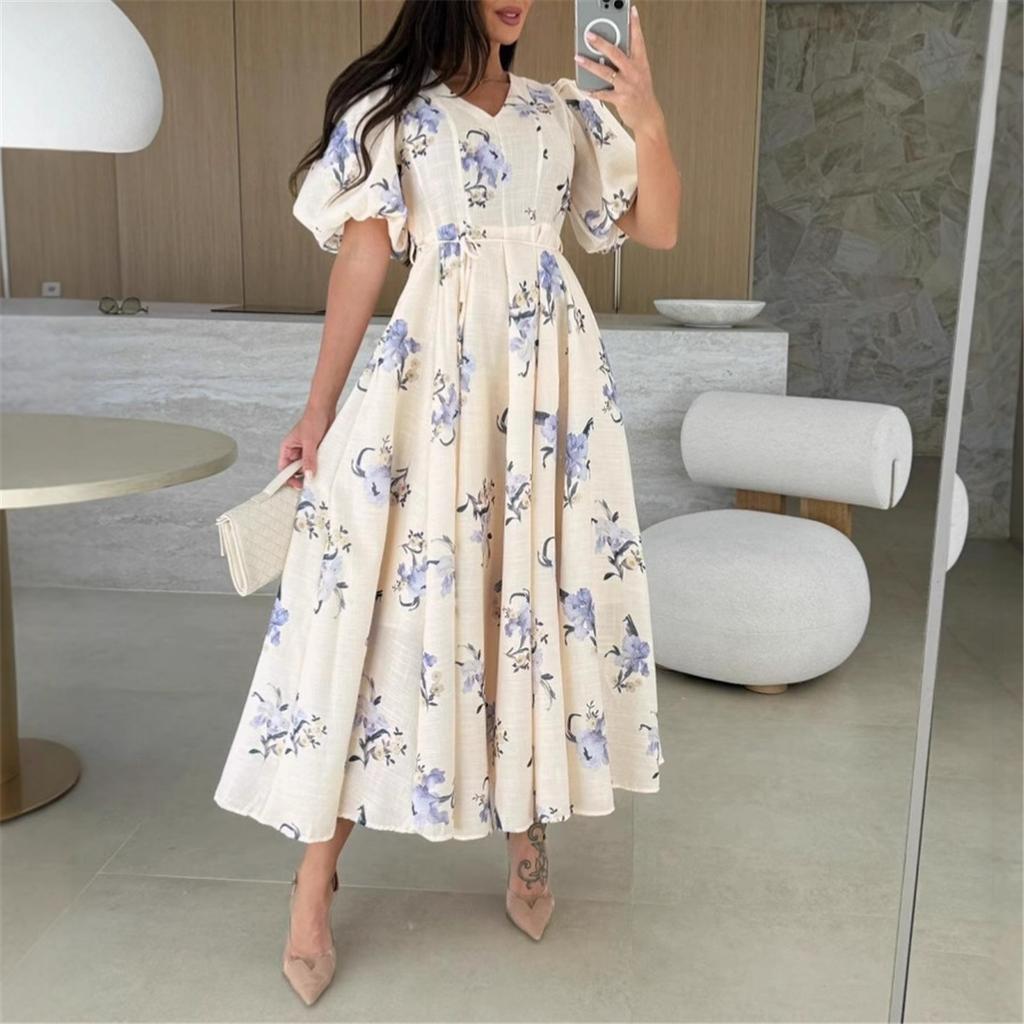Summer New Women's Short Sleeve Printed Dresses Tie Waist Large Swing Dresses