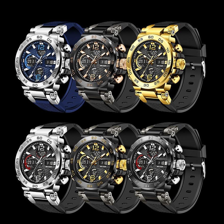 Vanntett LCD Dobbelvisning Kvarts Armbåndsur Multifunksjonell Elektronisk Klokke for Menn Sport Silikonklokker