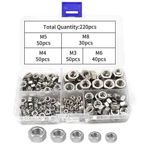 220-Piece Hex Nut Set, M3, M4, M5, M6, M8, 304 Stainless Steel, Lock Nuts, Replacement Parts for Furniture and Machinery, Repair Parts, Storage Box In