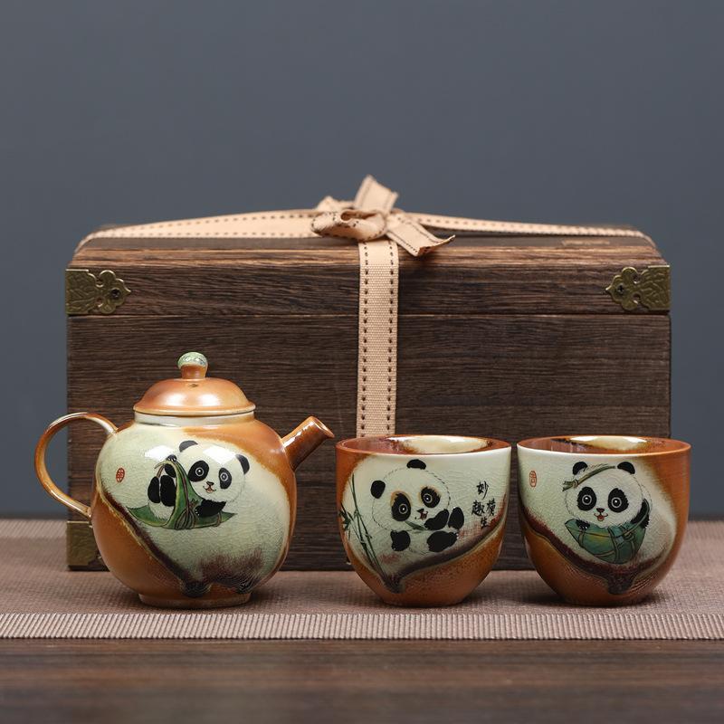 Hand-painted panda tea set, light luxury outdoor travel ceramics, one pot and two cups, gifts for public relations when the company opens