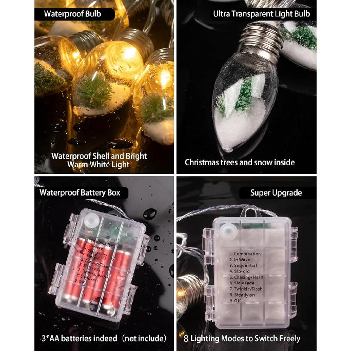 2Pcs Christmas Snow Globe String Lights Indoor Decorations 6.6 FT Battery Operated Powered String Lights for Christmas Tree Snow Scene in 20 Clear