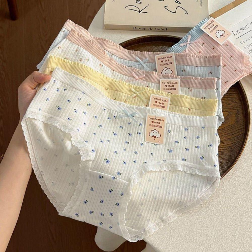 5Pcs Cotton Crotch Lace Flower Panties Bowknot Underwear for Women Soft Sweet Floral Briefs  Gifts