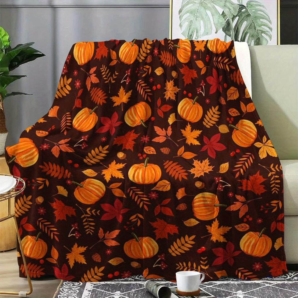 1pc Autumn Pumpkin Leaf Theme Comfortable Flannel Blanket - Soft, Lightweight & Warm Couch Throw, Couple's Blanket
