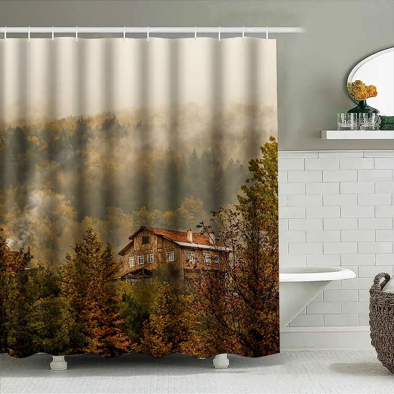 Autumn Forest House Shower Curtain: Foggy Morning In The Woods With Fireplace Smoke Fall Decor For Bathrooms