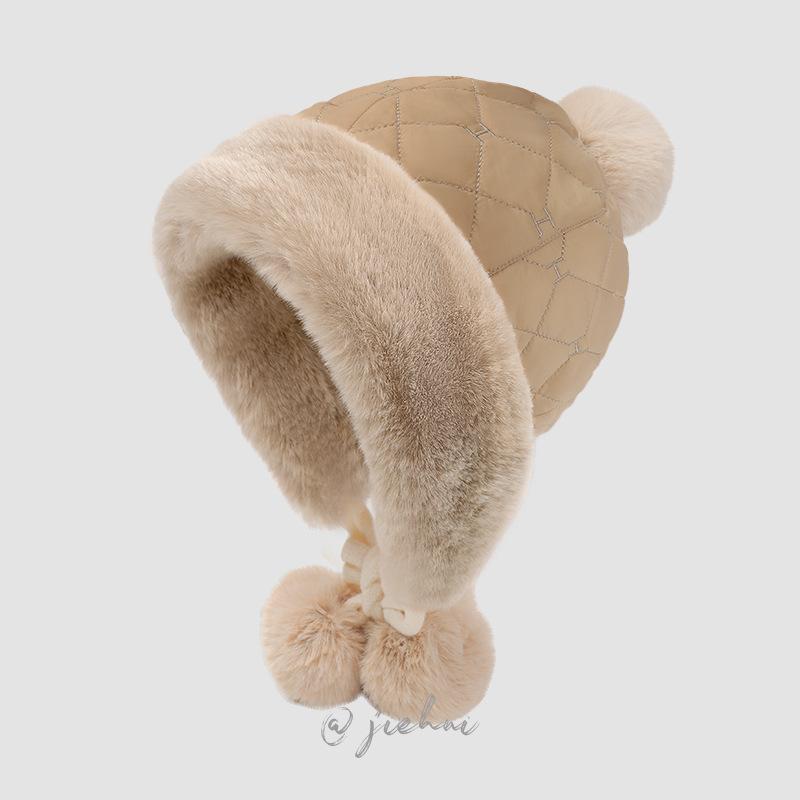 24 New Winter Thickened Cold-proof Warm Hat Women's Cute Hairball Knitted Wool Ear Protection Hat Northeast Lei Feng Hat