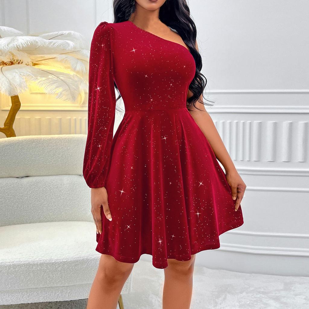 Women's Fall Long Sleeve Slanted Shoulder Color Waist Cinching Sexy Dress