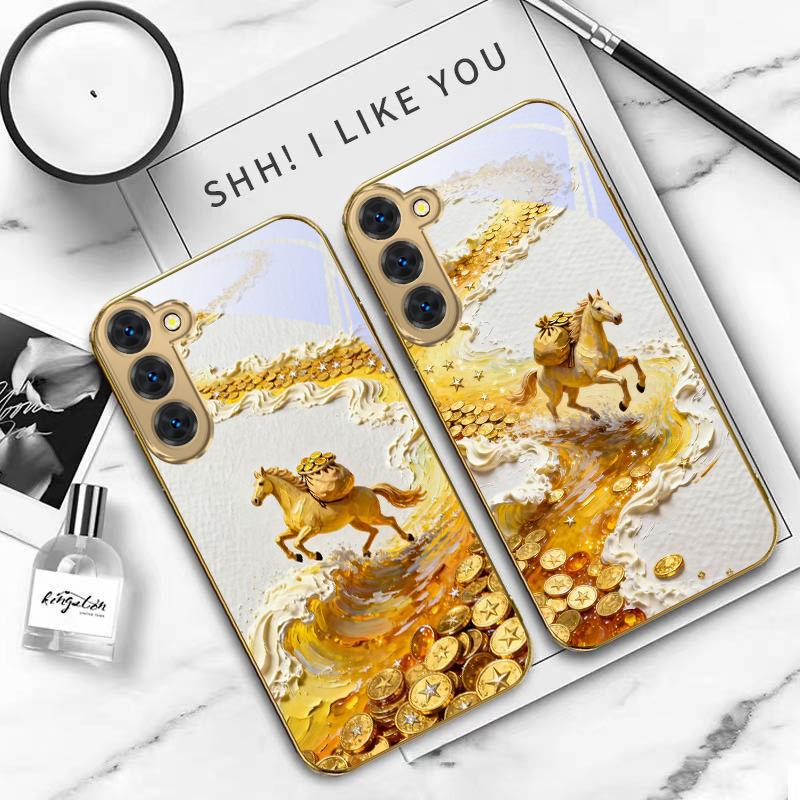 Golden Galloping Horse For Samsung Galaxy S20 FE S21 S22 S23 Plus S24 Ultra S25Ultra S21+ S9+ S22Plus Golden Glass Phone Case