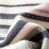 TUHUANG Women's Pure Wool Round Neck Color Block Stripe Sweater