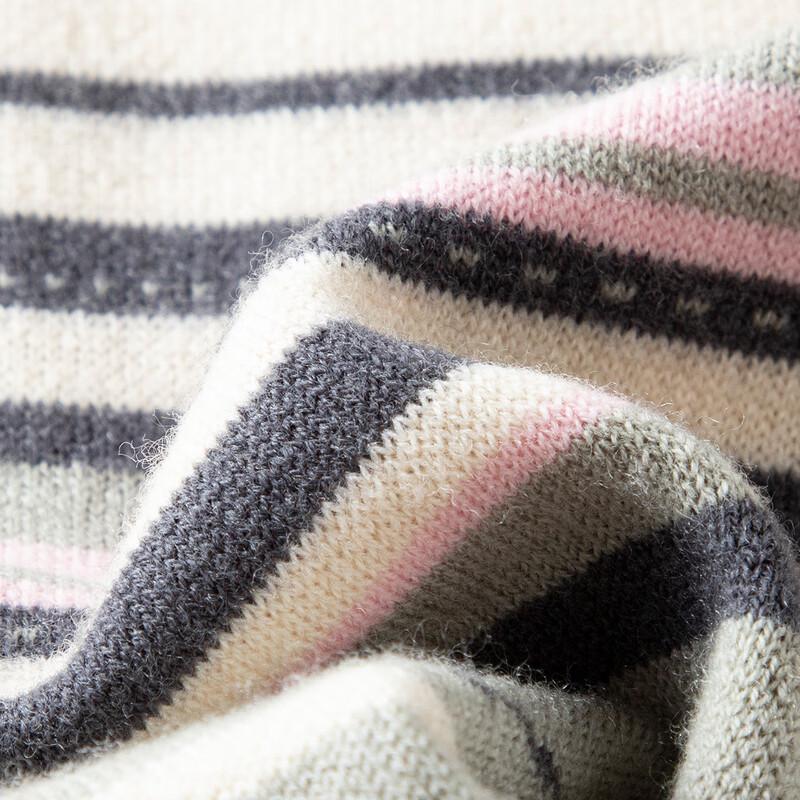 TUHUANG Women's Pure Wool Round Neck Color Block Stripe Sweater