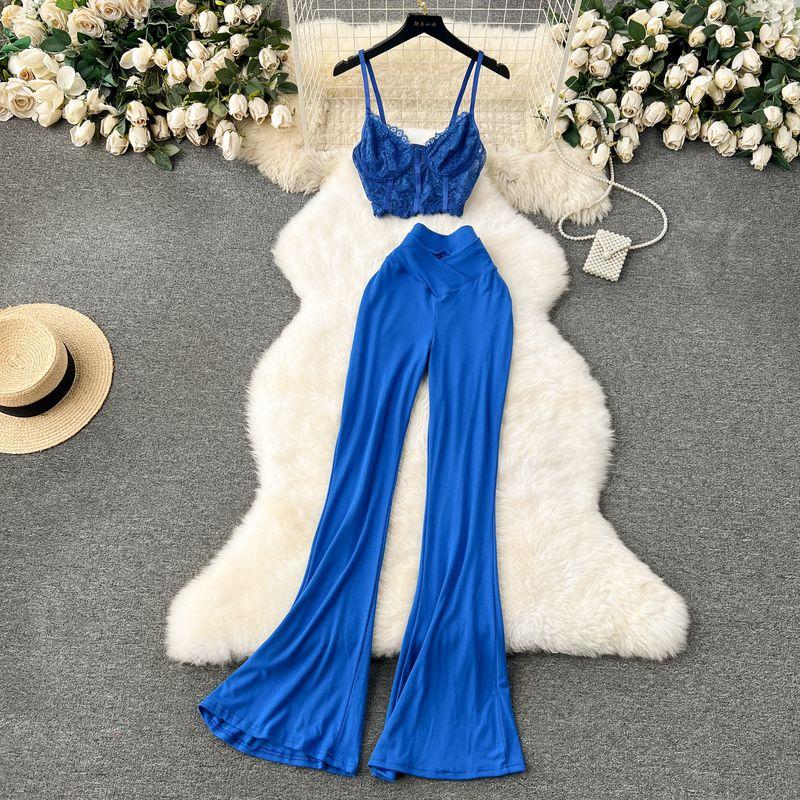 

Sexy Wind High Waist Slim Flare Pants Dancing Lace Blue M