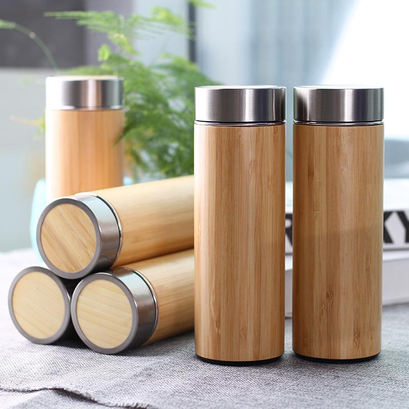 Double Wall Bamboo Insulated Thermos Vacuum Flask Coffee Mug Stainless Steel 15oz Bamboo Flask Tea Mug