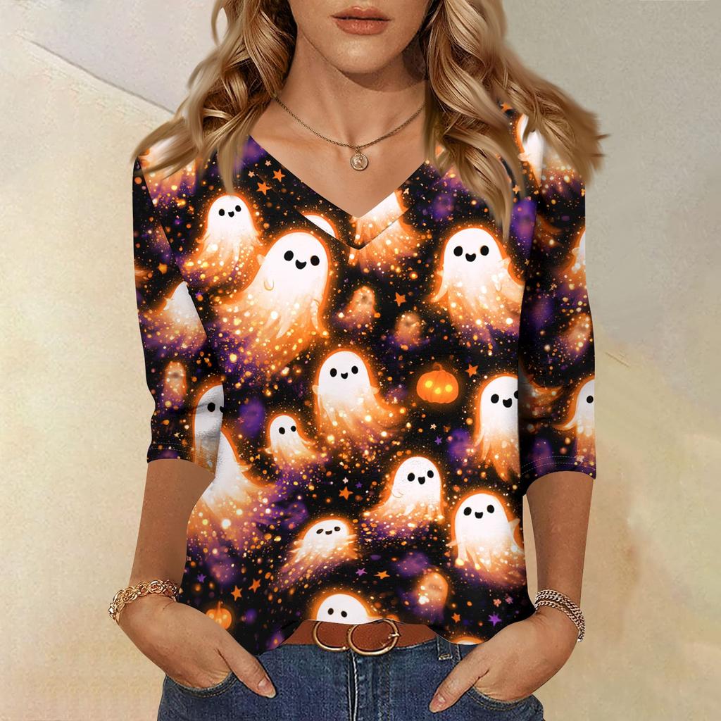 Women's Casual Halloween Print V-Neck Three-Quarter Sleeve Top
