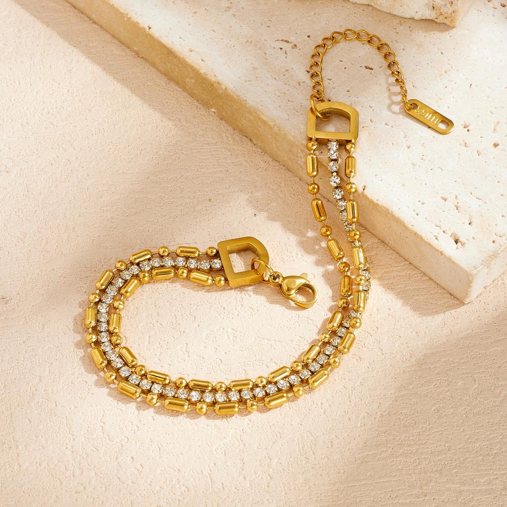 DIEYURO 316L Stainless Steel Fashionable French Golden Multi-layer Zircon Bracelet Lady Versatile Ins Waterproof Jewelry