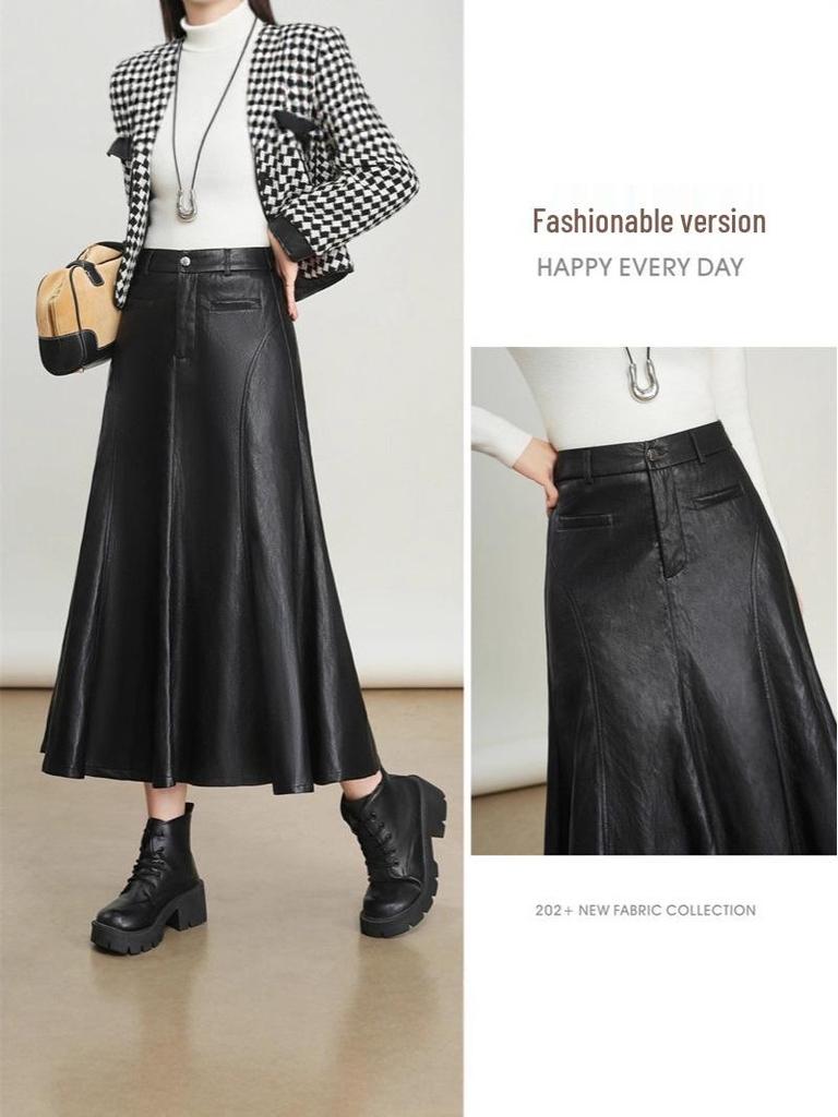 Women's Genuine Leather High Waist A-Line Midi Skirt - Autumn/Winter 2025 Fashion