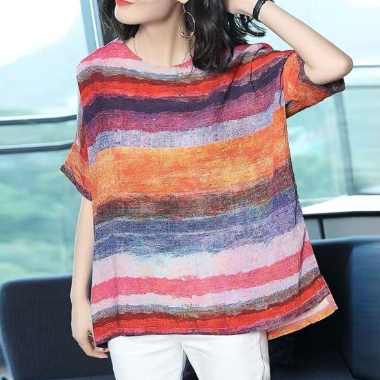 

Женская летняя футболка, пуловер, повседневная полосатая свободная цветовая гамма, повседневная одежда с круглым вырезом и короткими рукавами, женская блузка больших размеров, женская одежда