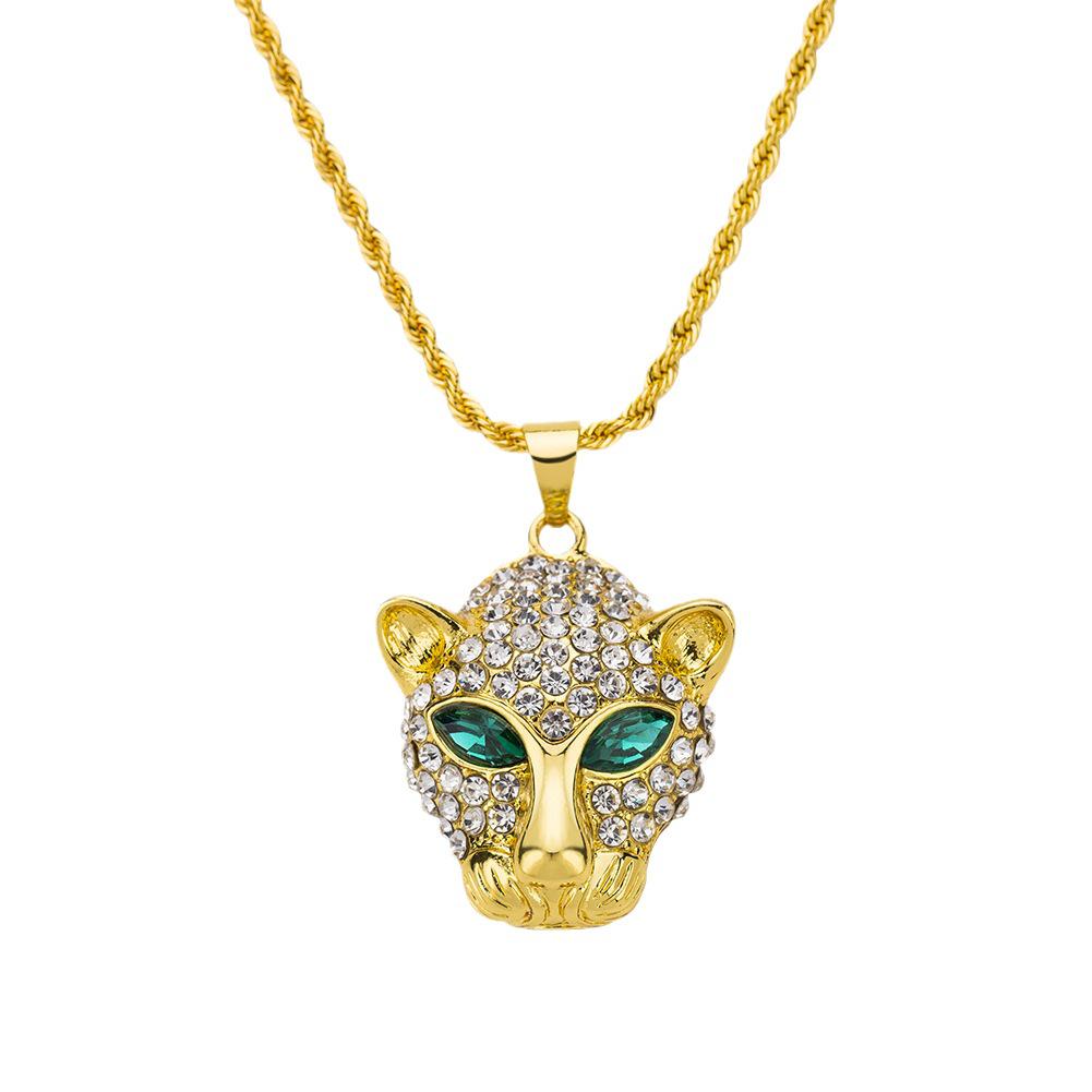 18K Gold Plated Stainless Steel Leopard Head Pendant Necklace with Full Diamonds - Unisex Trendy Fashion Accessory