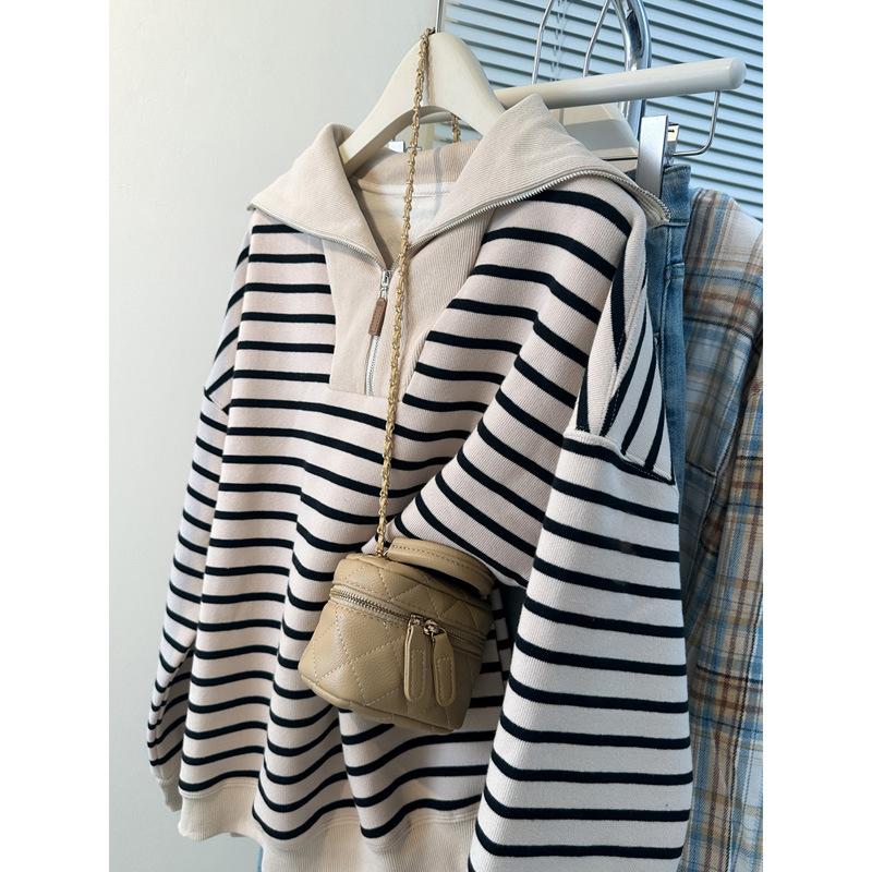 Women Plus Size Striped Half Zip Turn Down Collar Loose Thin Pullover Sweatshirt