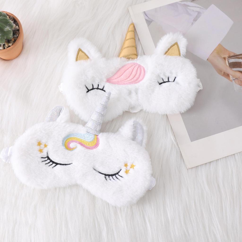 Niedliche Einhorn Kaninchenfell Bestickte Plüsch Schlafmaske zum Lichtblockieren & Augenschutz
