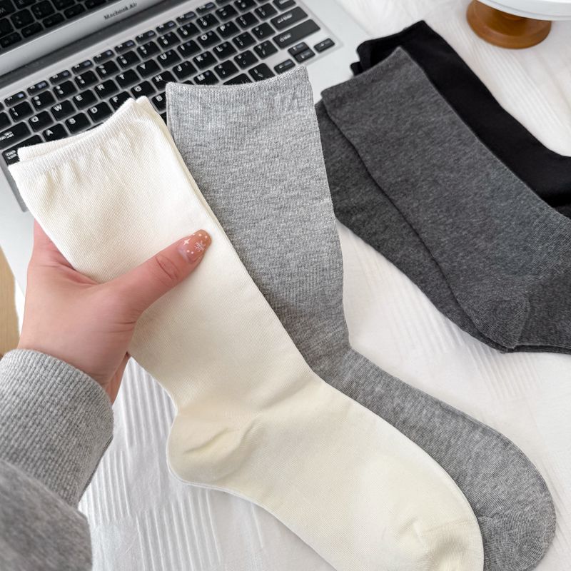 Korean All-In-One Machine Medium Tube Socks Flat Boneless Breathable Cotton Socks Solid Color Socks White Stockings Pile Up Socks Thin