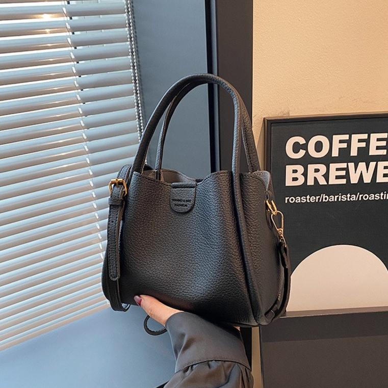 Fashion Soft Leather Handbag with Textured Surface Detachable Strap Gold Hardware Crossbody Bag Versatile Bucket Shoulder Purse