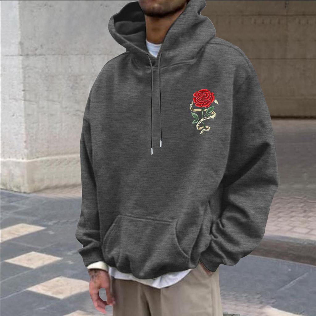 Unisex Long Sleeve Rose Print Pullover Hoodie with Front Pocket for Everyday Wear