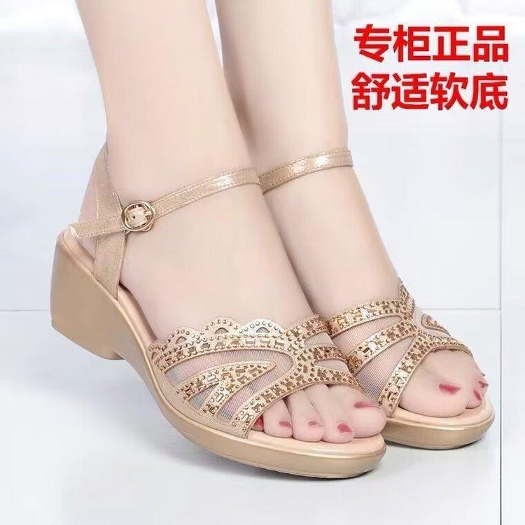 Wedge Heel Sandals Women's 2025 Summer New Mid-heel Wedge Heel Flat Bottom One-word Buckle Belt Open-toed Thick Heel Mesh Women's Shoes