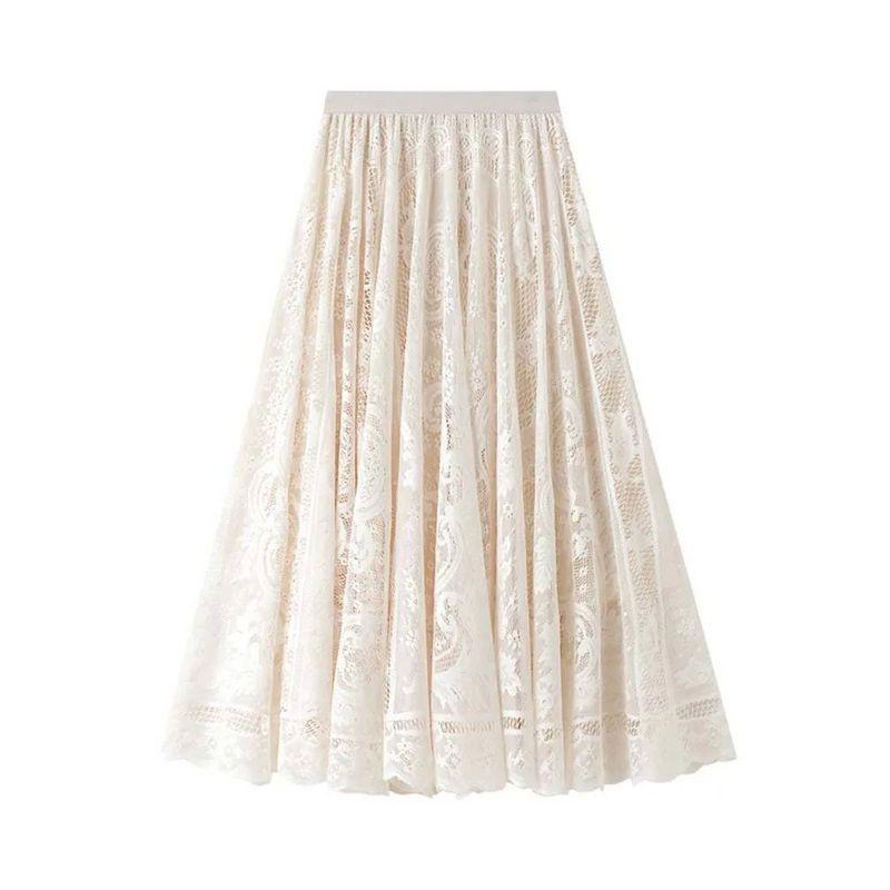 

Hollow Lace Edge Medium Length A- Line Skirt Hollow Lace Trim A- line Skirt beige skirt One Size