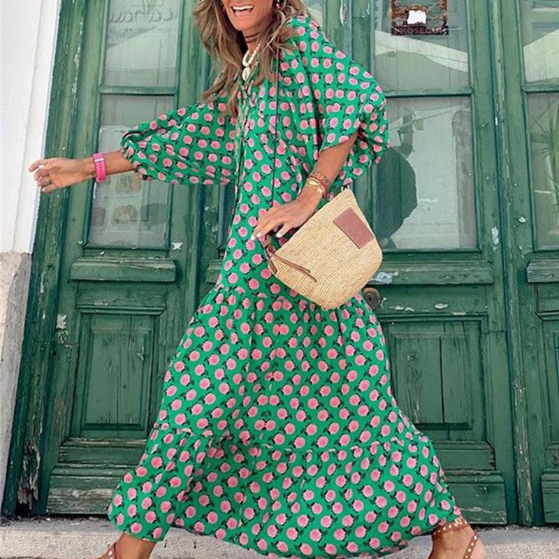 Bohemian Style Printed Lantern Sleeve Loose Maxi Dress For Casual Travel Women